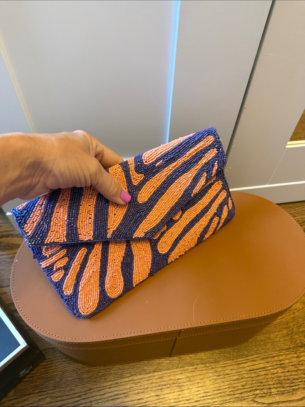 Hand-Beaded Peach  & Blue Envelope Clutch